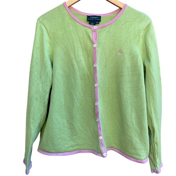 Lauren Ralph Lauren Cardigan Sweater 2X Green Pink Trim Button Down - Picture 1 of 5